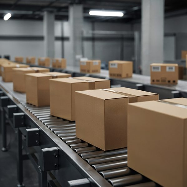 Cardboard boxes conveyor belt warehouse 600x600